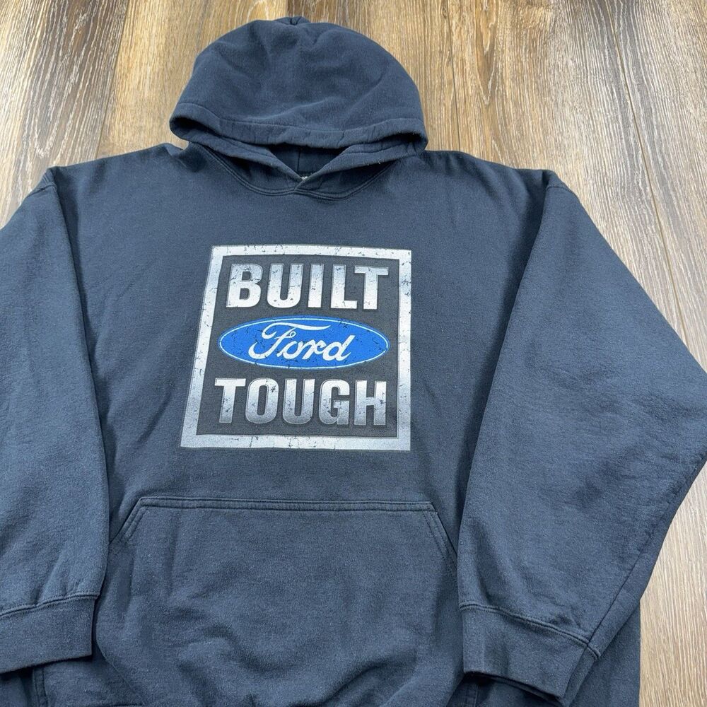 Vintage Ford Hoodie Mens XXL Black Sweatshirt Truck Built Tough Logo Sweater
